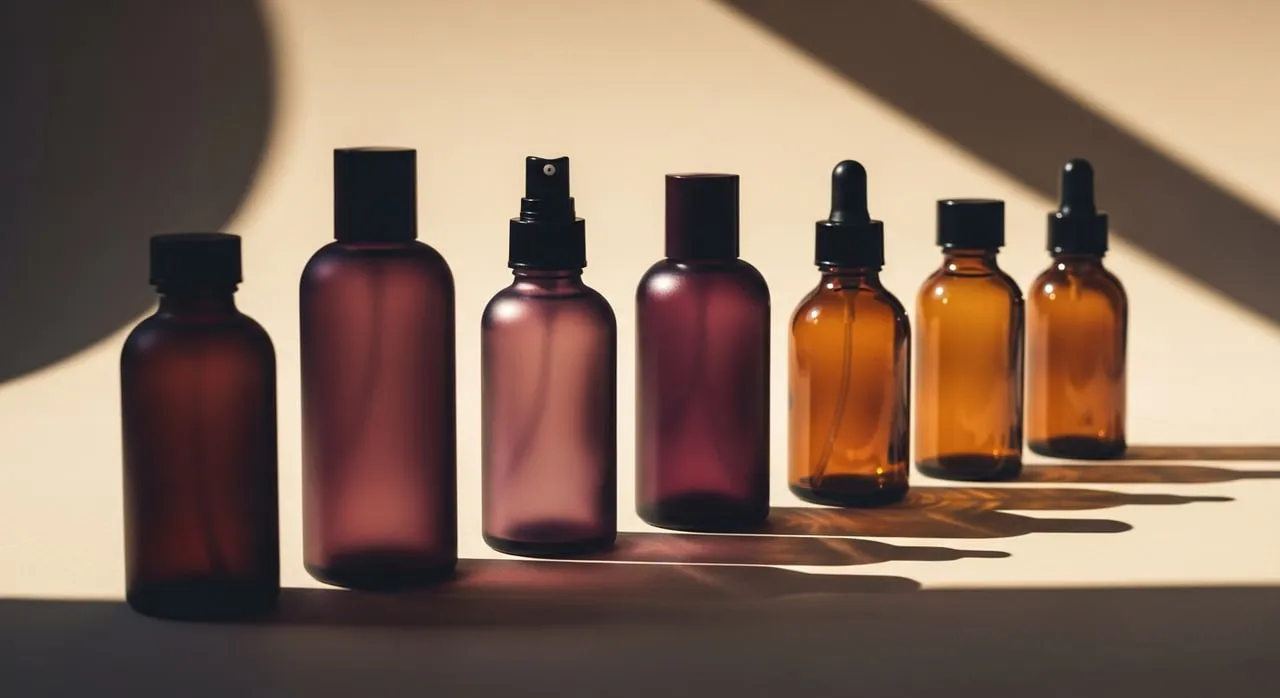 A row of unlabeled frosted and amber glass bottles in warm directional light